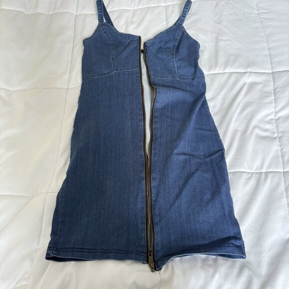 Zipper Jean Blue Mini Dress Juniors Size Large Spaghetti Straps Stretchy Back - Picture 2 of 6